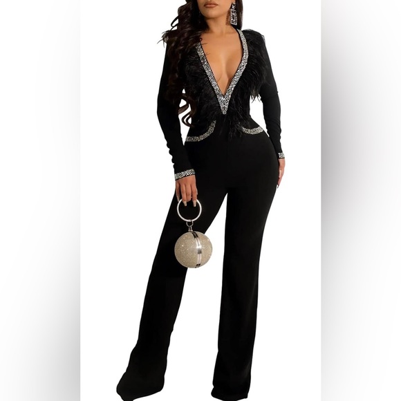Pants - NWOT Rhinestone Feathered Bodycon Jumpsuit Size Small